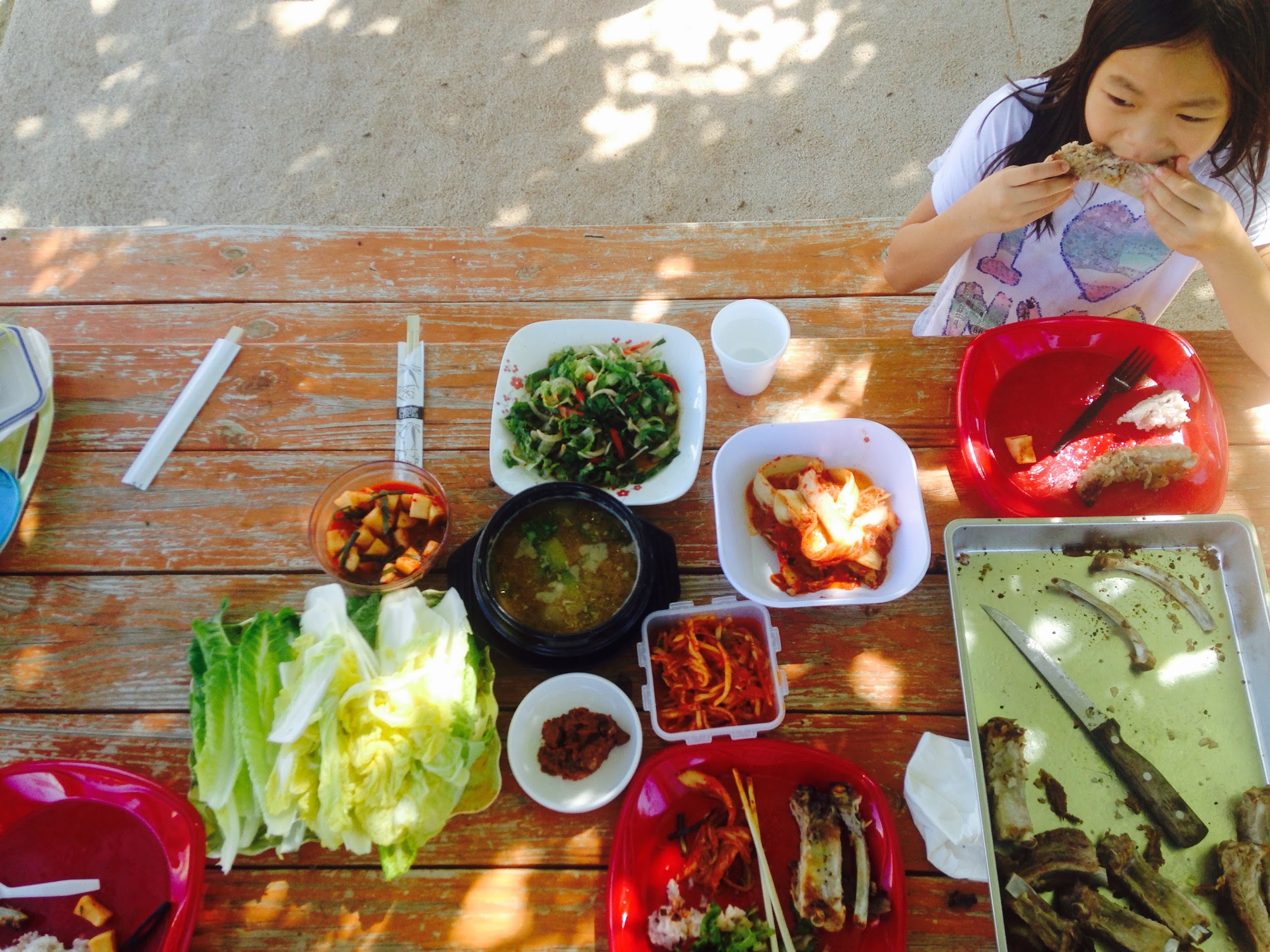 Enjoying Korean food at the farm