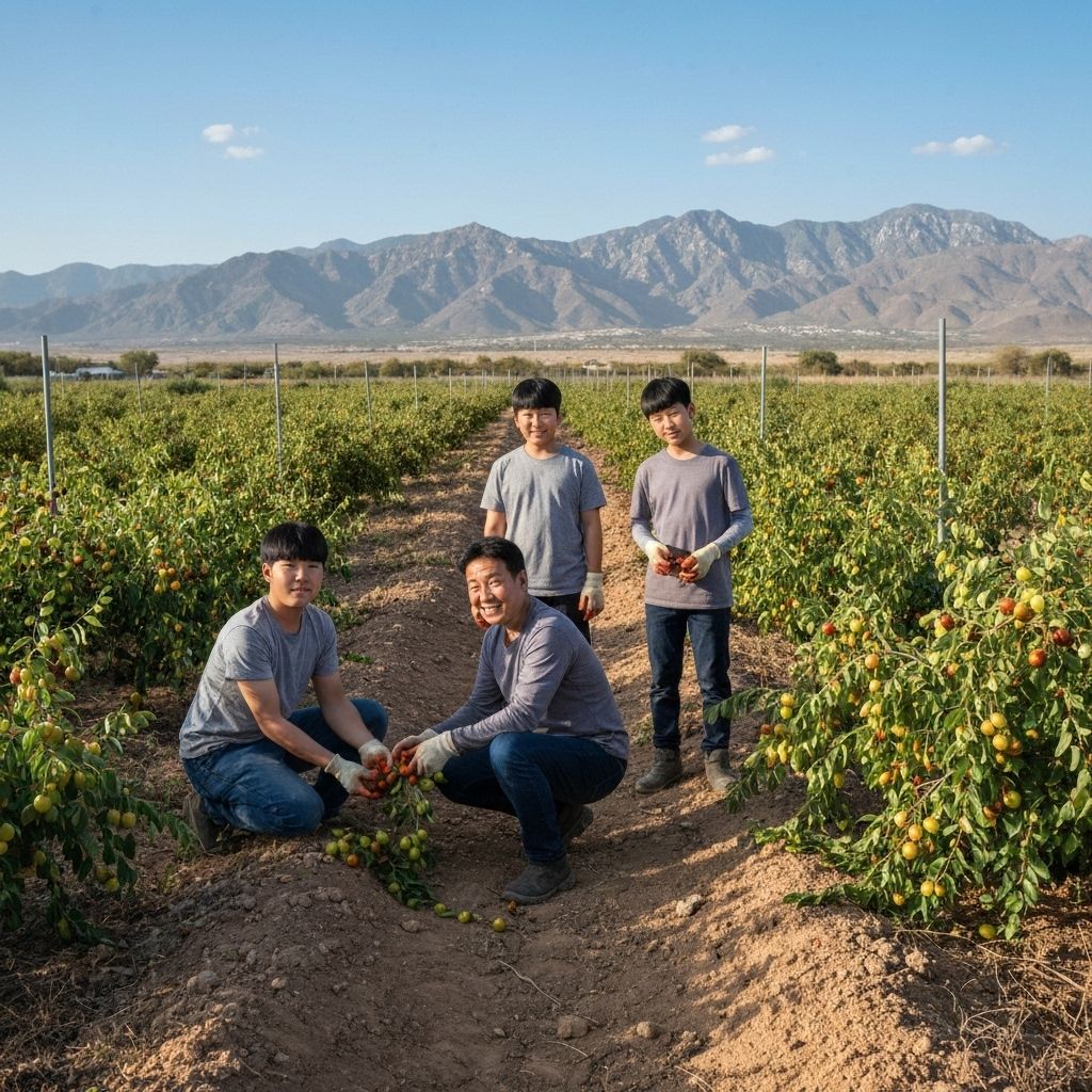 Family working in orchard